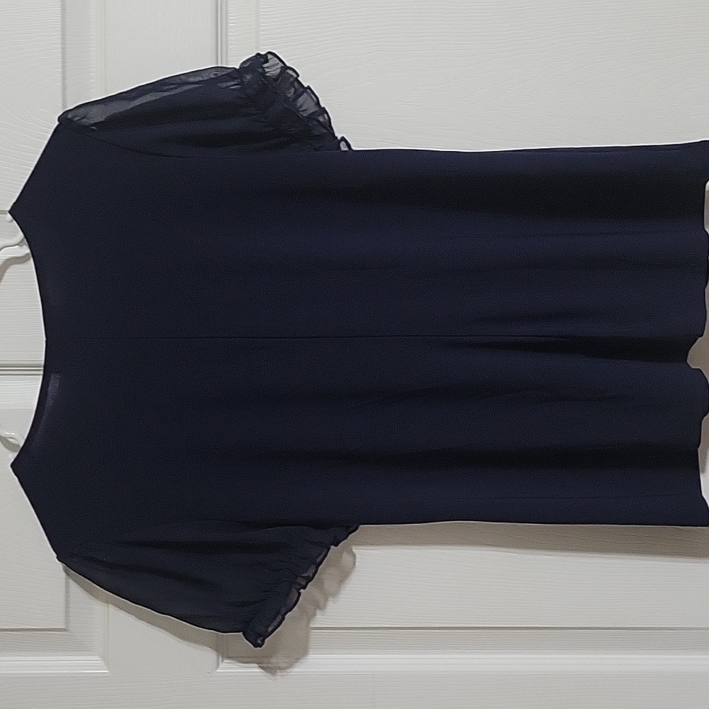 Adele & May Navy Polka Dot Bow Blouse V-Neck Sheer Ruffle Sleeve Size Large - Picture 7 of 9